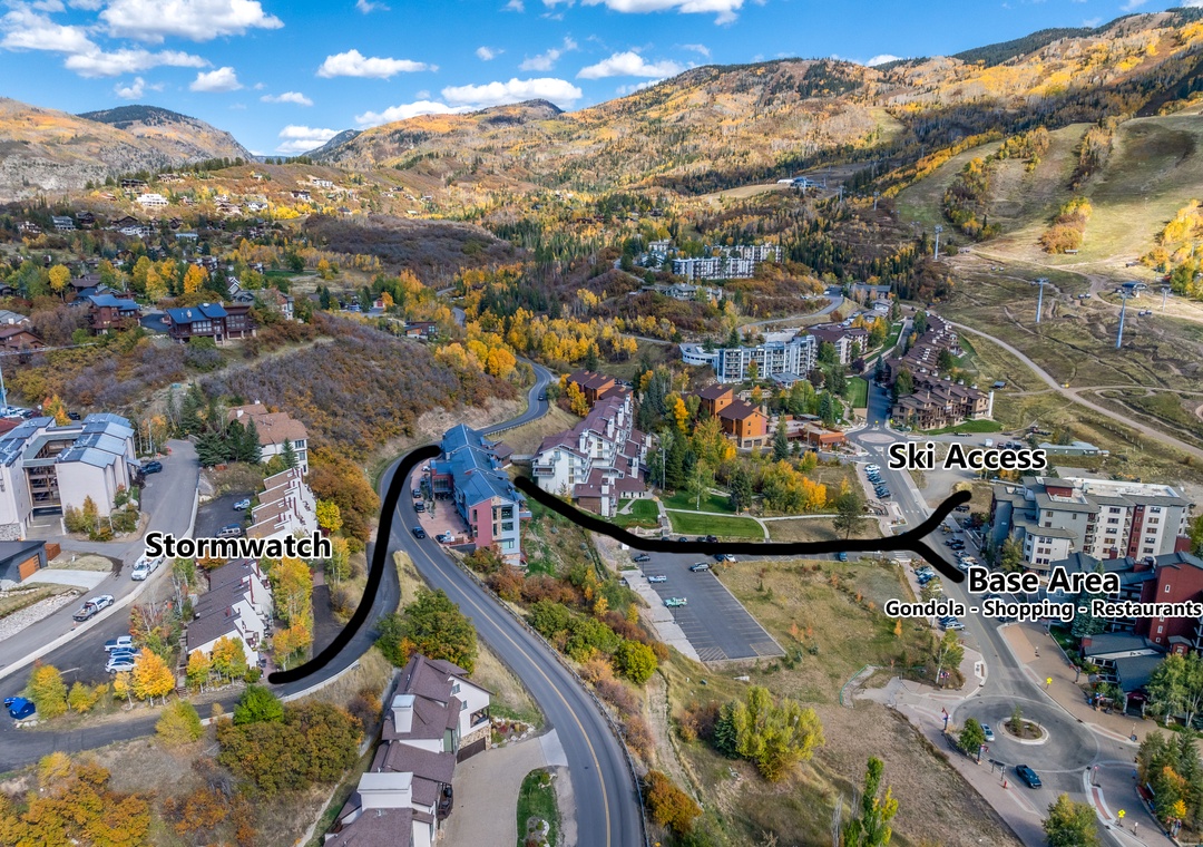 An aerial view of the walk to Ski Time Square/The Mountain