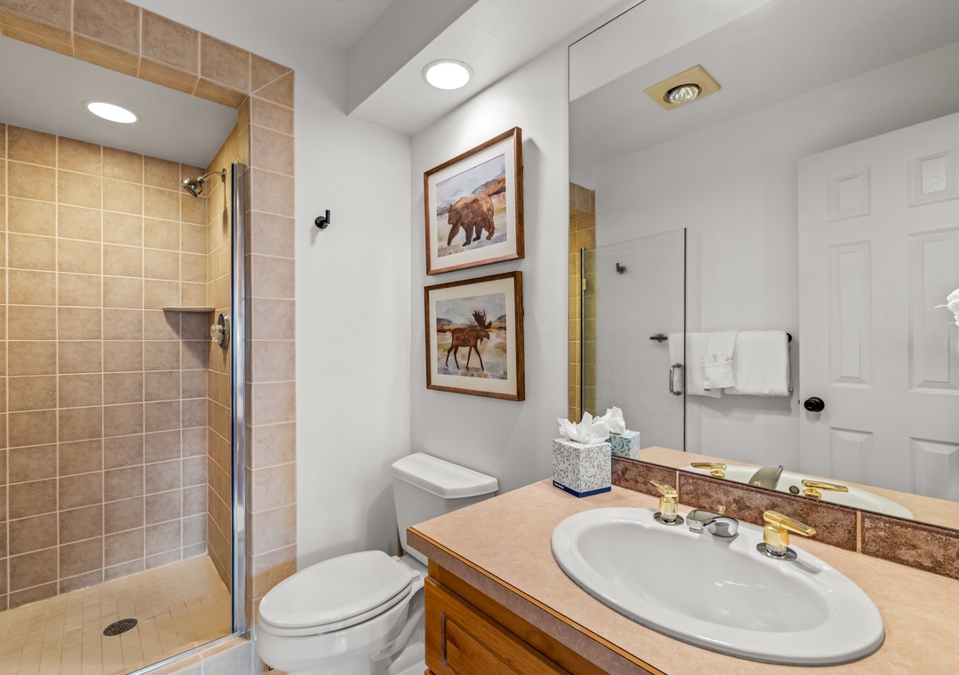 Shared bathroom features a refreshing walk-in shower and elegant wildlife artwork, creating a peaceful mountain retreat atmosphere.