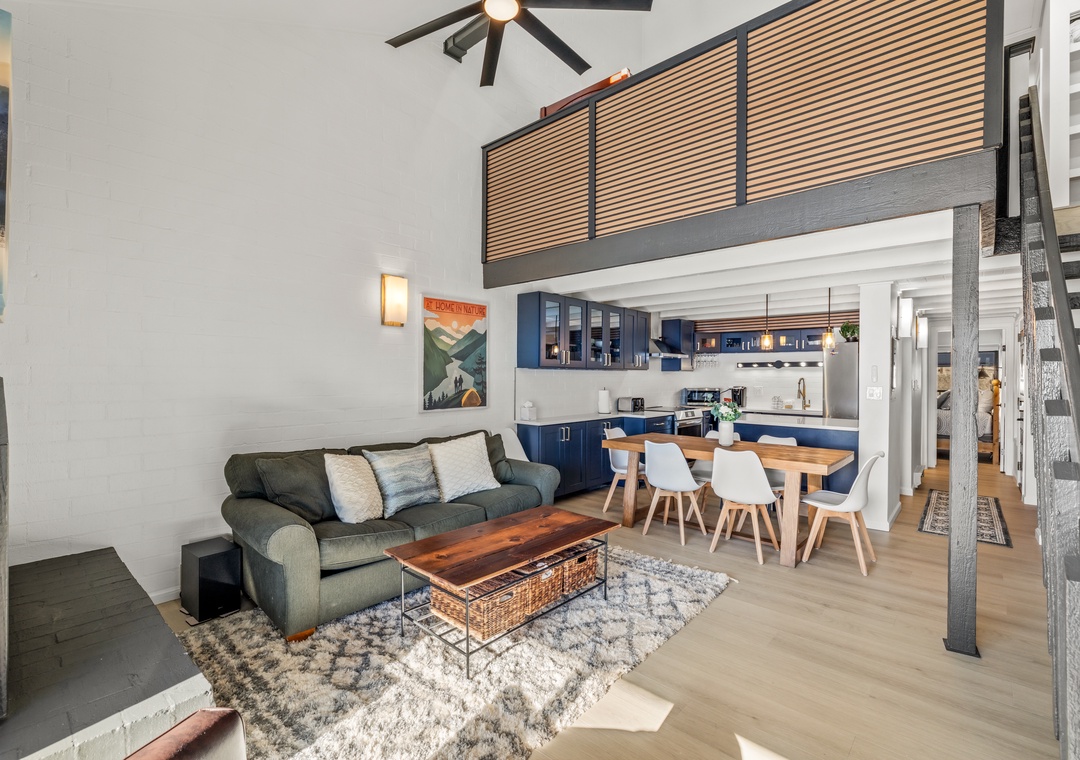 Unwind in your stylish loft with soaring ceilings, modern kitchen, and cozy living space perfectly designed for your mountain getaway.