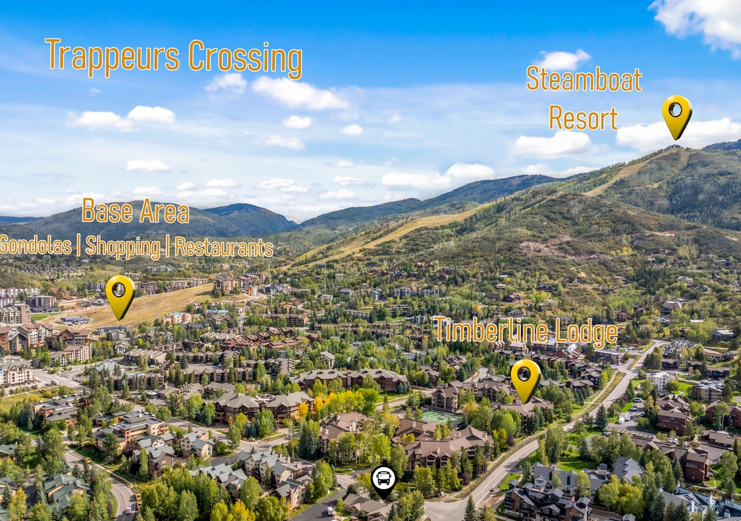Steamboat Resort sits nestled in the Yampa Valley, surrounded by mountain peaks and lush tree-covered hillsides—a peaceful mountain town setting where your Colorado getaway awaits.