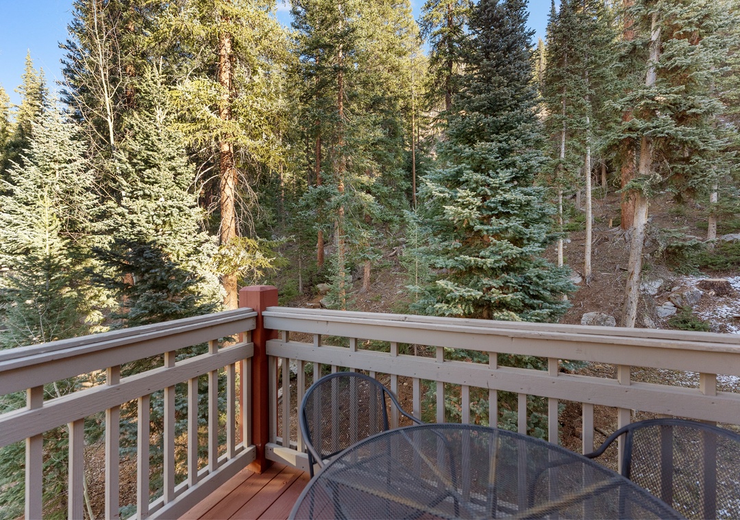 Step onto your private deck and breathe in the crisp mountain air surrounded by towering evergreens and peaceful forest views.