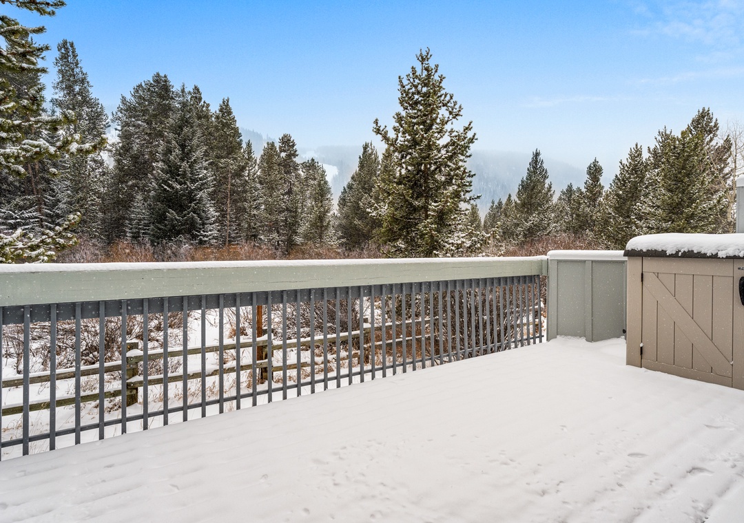Step onto your private snow-covered balcony where evergreen trees create a peaceful winter wonderland backdrop for your morning coffee.