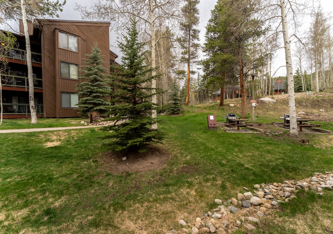 Modern mountain retreat surrounded by mature spruce and aspen trees, with outdoor barbecue facilities for memorable gatherings.