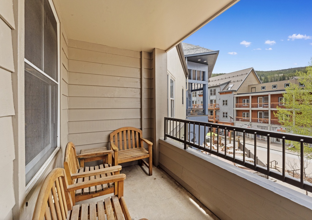 Step onto your private balcony and breathe in the fresh mountain air while enjoying your morning coffee in comfortable teak seating.