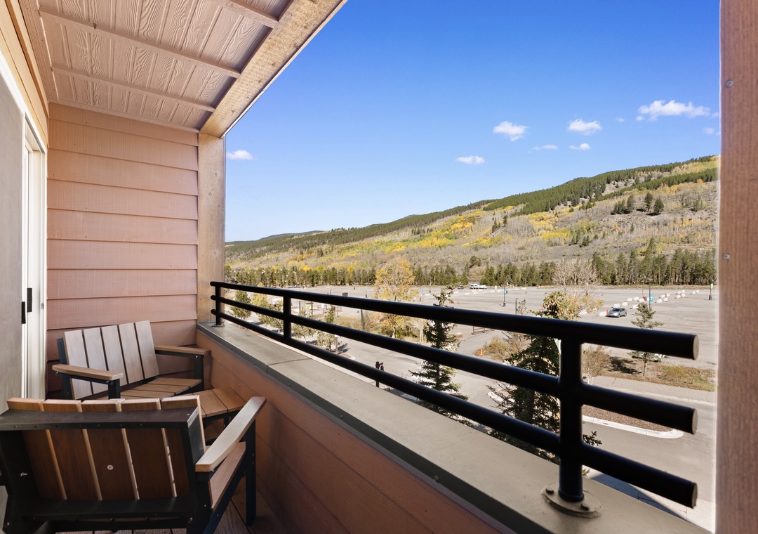 Step onto your private balcony and soak in sweeping mountain views framed by golden aspens and evergreens. These cozy chairs are perfect for your morning coffee or evening unwind, where fresh air meets natural beauty.