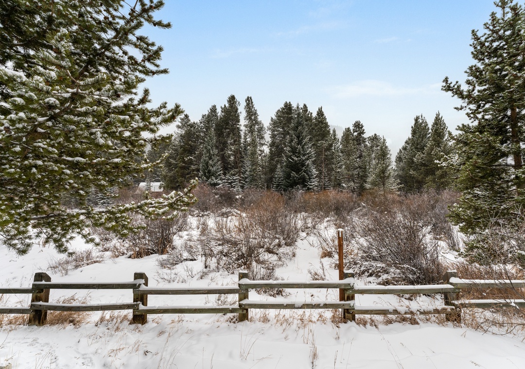 Snow-covered natural landscape with evergreen forest and rustic fence creating a serene winter backdrop near the property.
