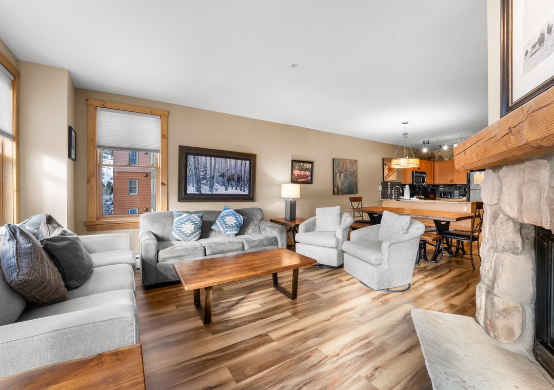 Gather around your cozy stone fireplace after mountain adventures, while the open kitchen invites you to prepare meals together in comfort.