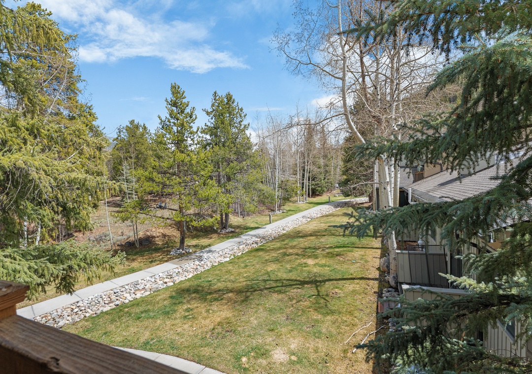 The property sits within a peaceful wooded setting with mature trees, landscaped lawns, and natural walking paths winding through the grounds.