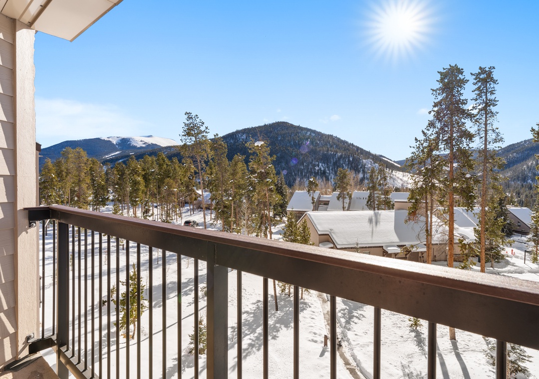 Stunning mountain views await from this private balcony, where snow-capped peaks create a breathtaking winter backdrop for your mountain getaway.