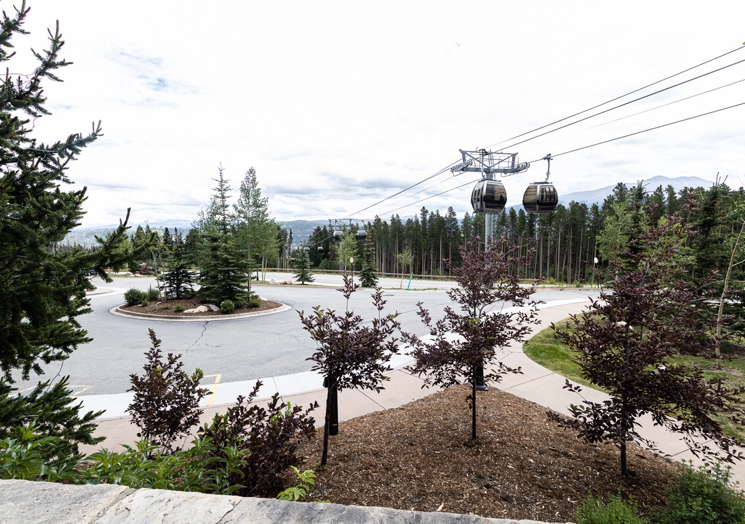Scenic cable car gondola system amid forested mountains and landscaped roundabout in the surrounding area.