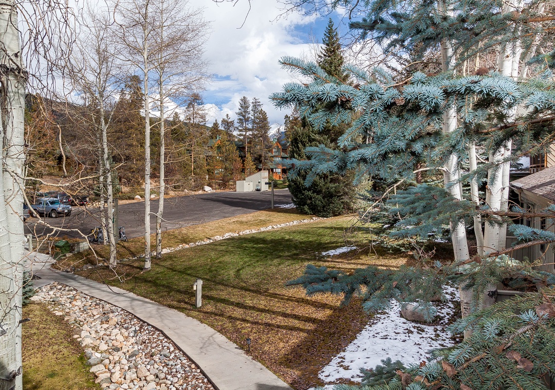 Peaceful neighborhood setting with mature evergreens and open lawns creating a tranquil retreat atmosphere.