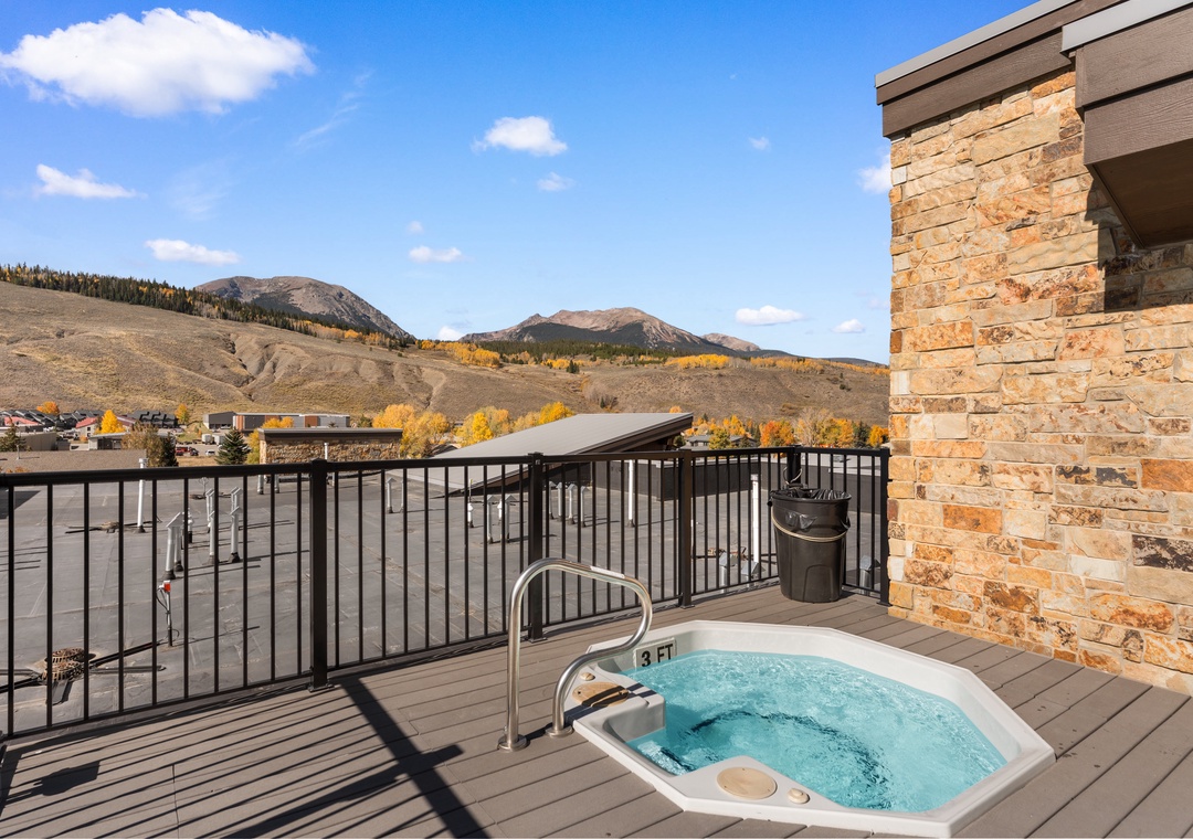 Soak in your private hot tub while taking in the stunning mountain views and crisp autumn landscape—your perfect retreat after a day of adventure.