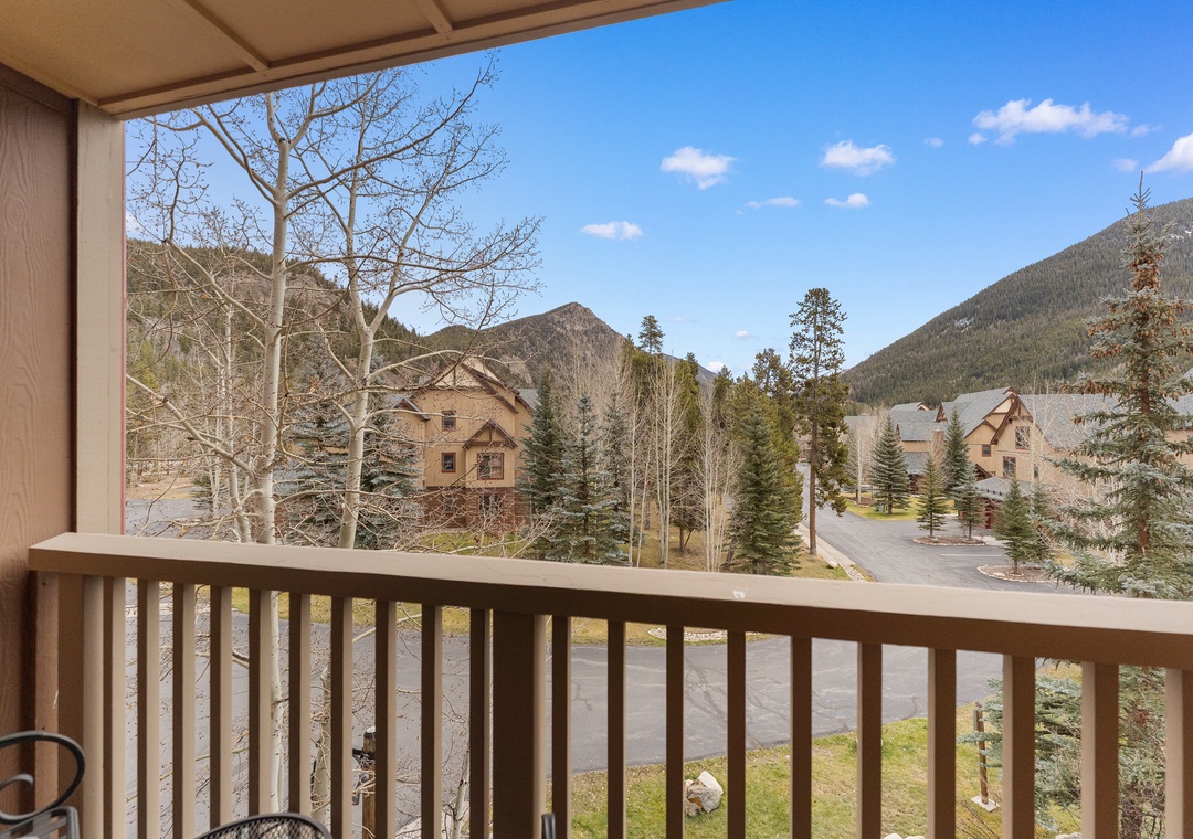 A mountain valley view from your balcony showcasing forested slopes and residential chalets nestled in nature.