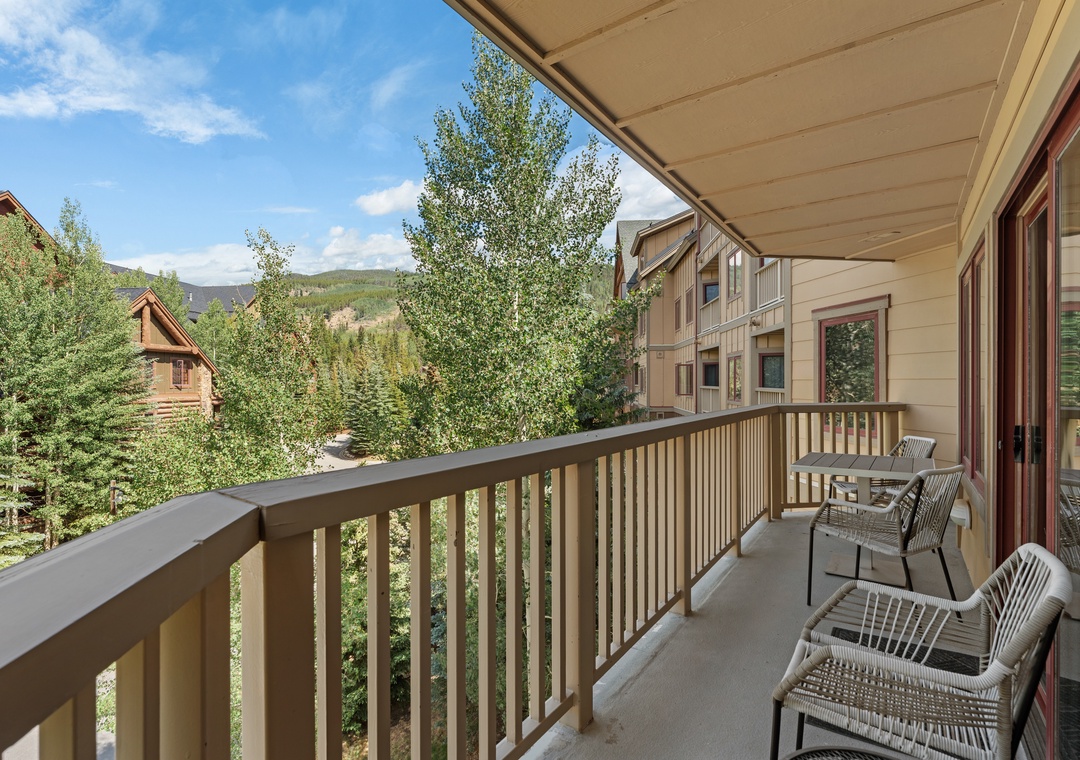 Step onto your private balcony and breathe in the fresh mountain air while enjoying stunning alpine views framed by towering aspens and evergreens. It's your perfect spot to unwind with morning coffee or evening relaxation.