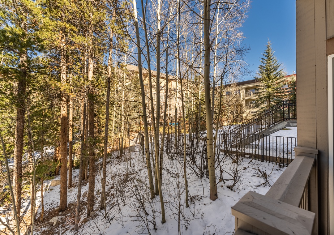 Step onto your private balcony and breathe in the crisp mountain air while taking in peaceful winter views through the trees.