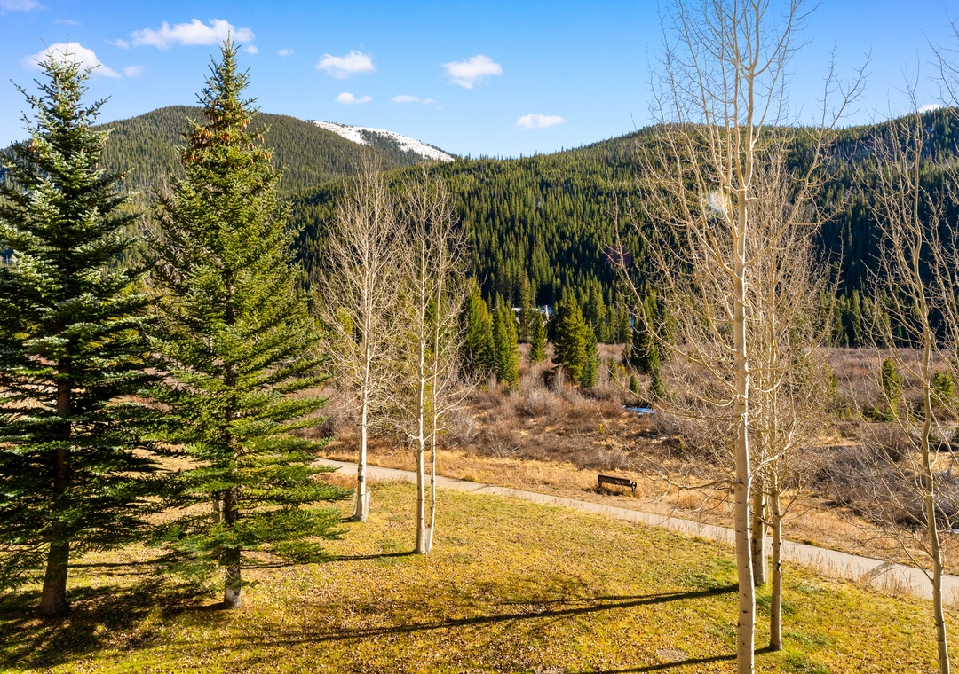 Expansive mountain landscape showcasing forested peaks and open meadows near the property, with walking paths winding through the scenic terrain.