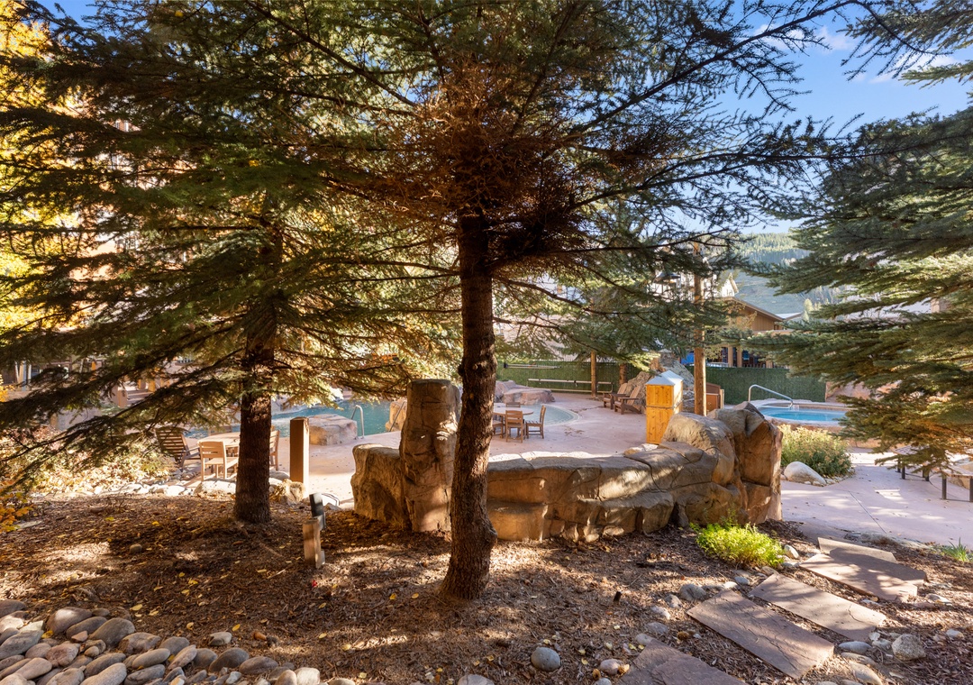 Relax beneath majestic pine trees where natural stone creates cozy seating areas overlooking the sparkling pool and mountain views.