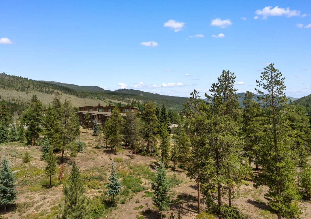 Expansive mountain views stretch across forested valleys with a modern lodge nestled among towering pines under endless blue skies.