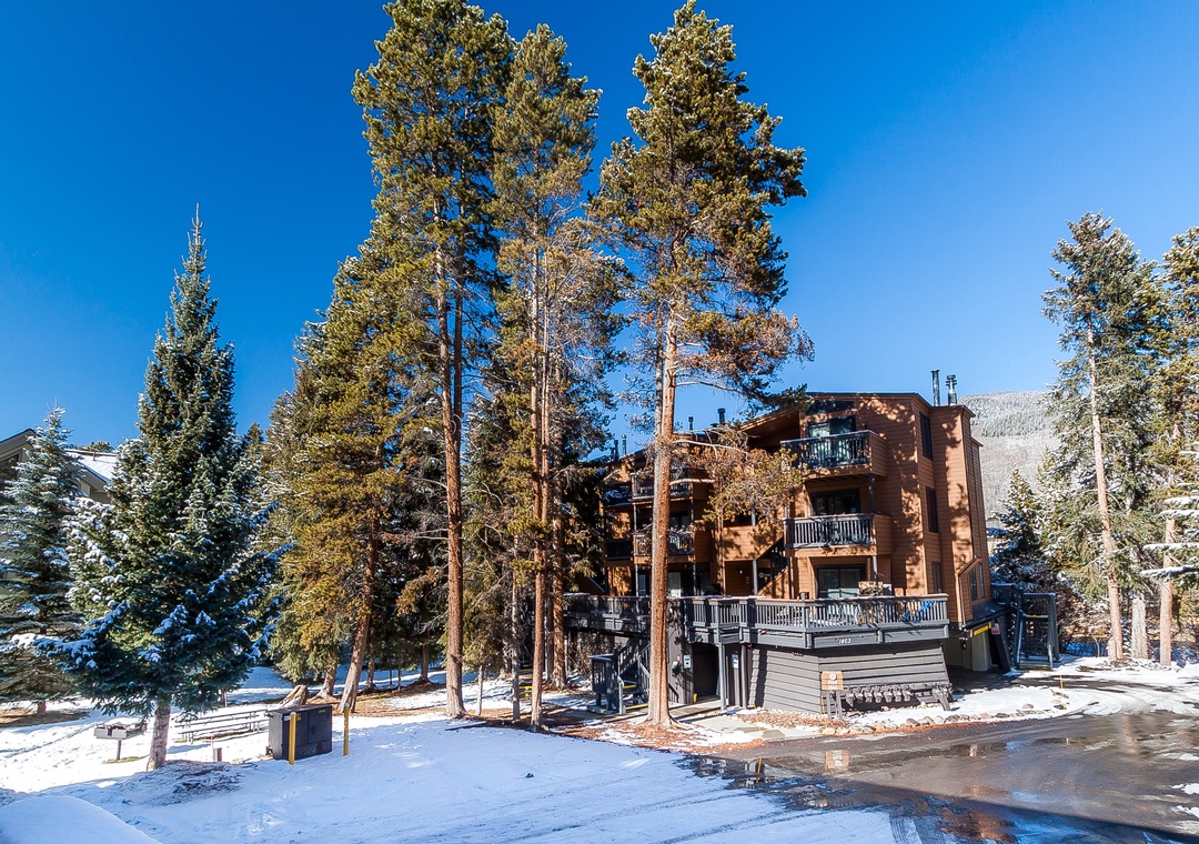 Mountain lodge nestled among towering pines, surrounded by fresh snow and blue skies in a peaceful alpine setting.