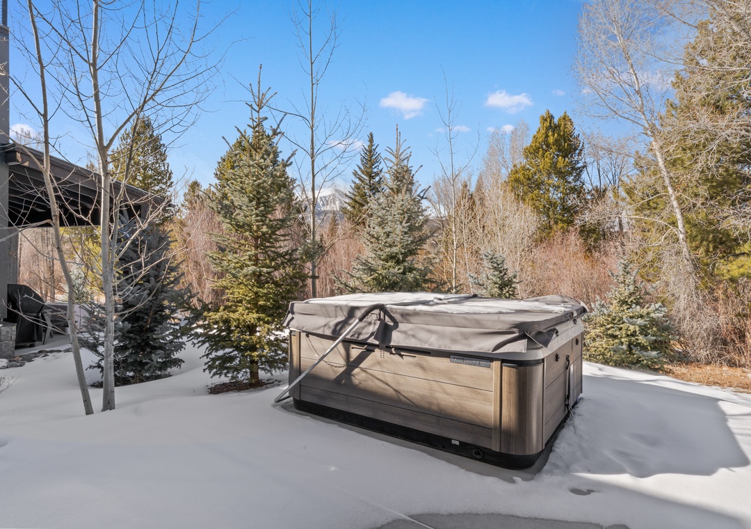 Soak in your private hot tub surrounded by snow-covered evergreens and crisp winter air.