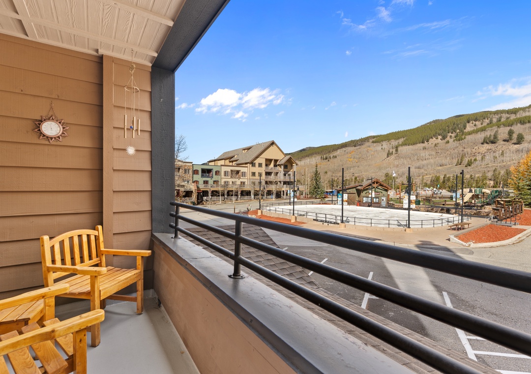 Step onto your private balcony and take in the mountain charm framing your vacation. Scenic slopes and a quaint village square invite you to explore, while your cozy outdoor bench beckons you to linger with morning coffee.