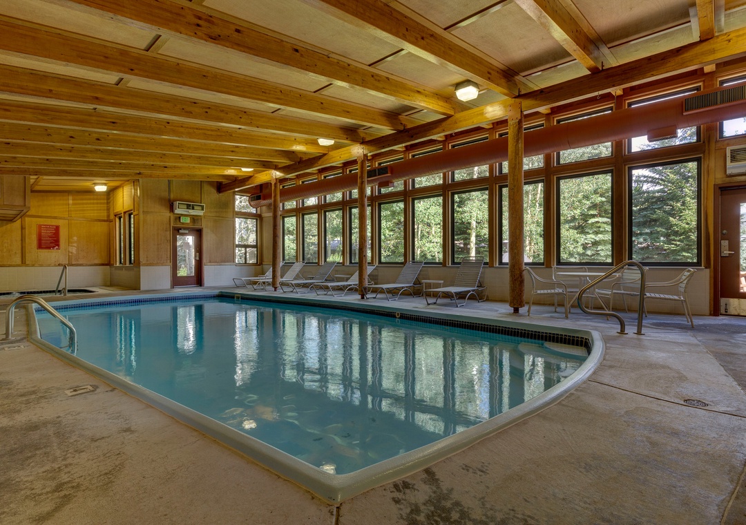 Dive into relaxation in this enclosed swimming pool, where warm wood beams and forest views create your perfect indoor oasis.