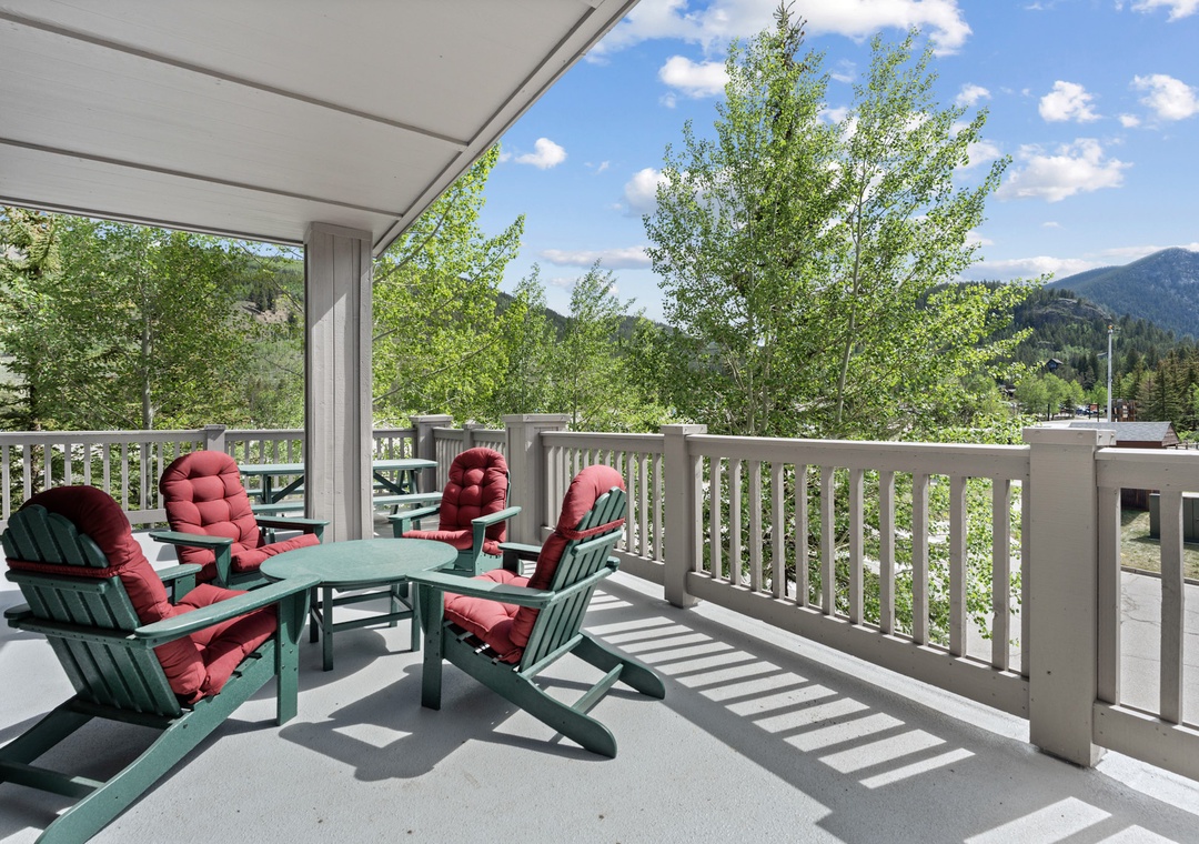Spacious deck with views of Dercum Square and the surrounding mountains.