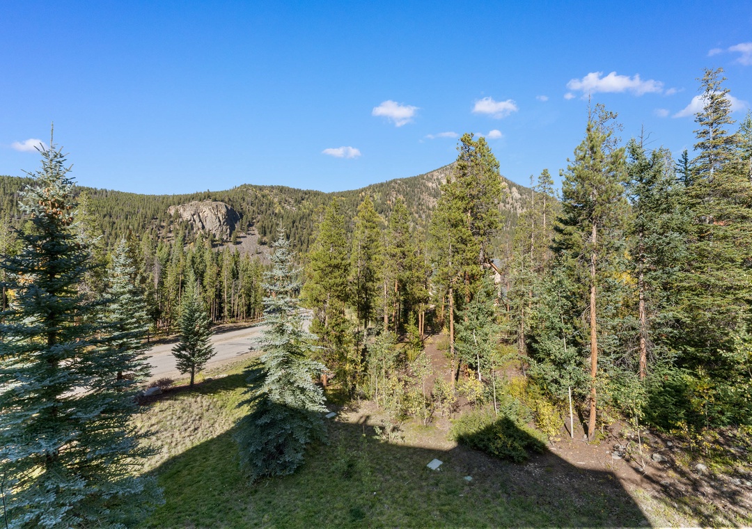 Stunning mountain landscape surrounds the property, with forested hills and clear skies creating a serene wilderness setting.