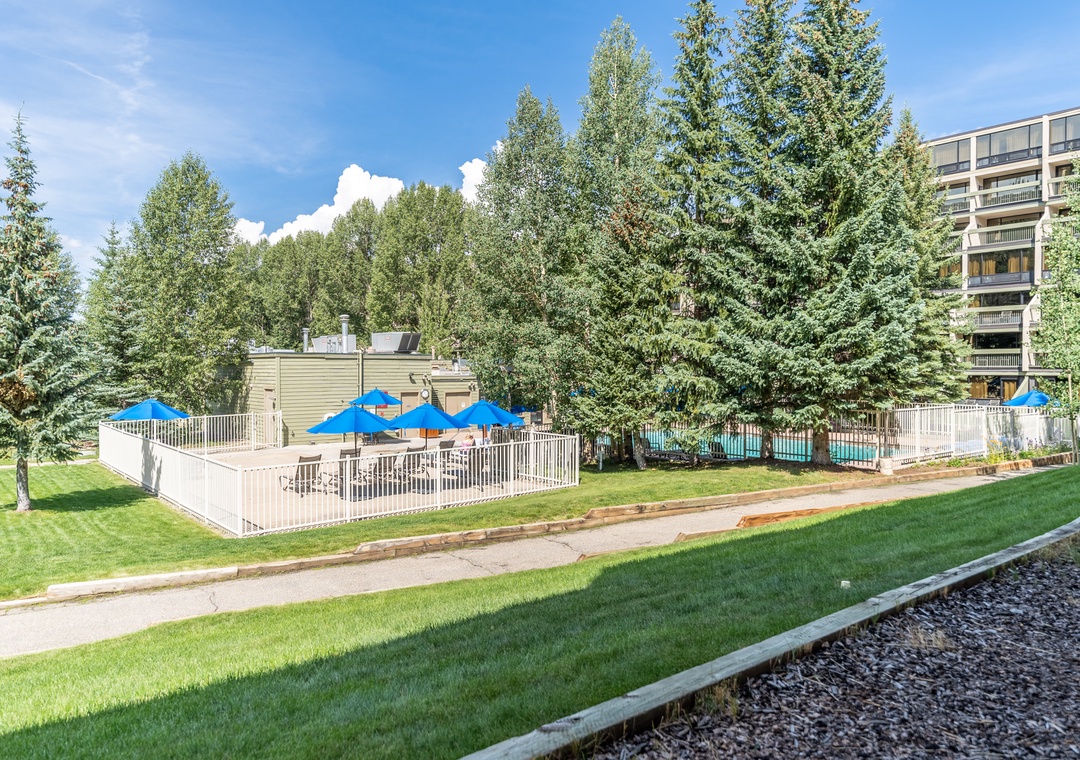 Outdoor swimming pool area surrounded by lush trees and landscaped grounds with blue umbrellas for shade.