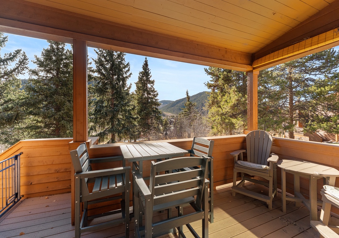 Your private covered deck frames breathtaking mountain views through towering pines. Gather around the dining table or sink into an Adirondack chair with your morning coffee, savoring fresh alpine air and serene natural beauty.