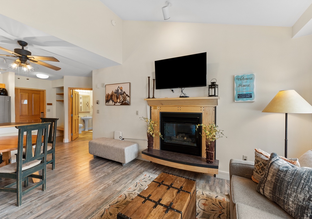 Cozy up by your own fireplace in this welcoming living space, complete with mountain views and all the comforts of home.