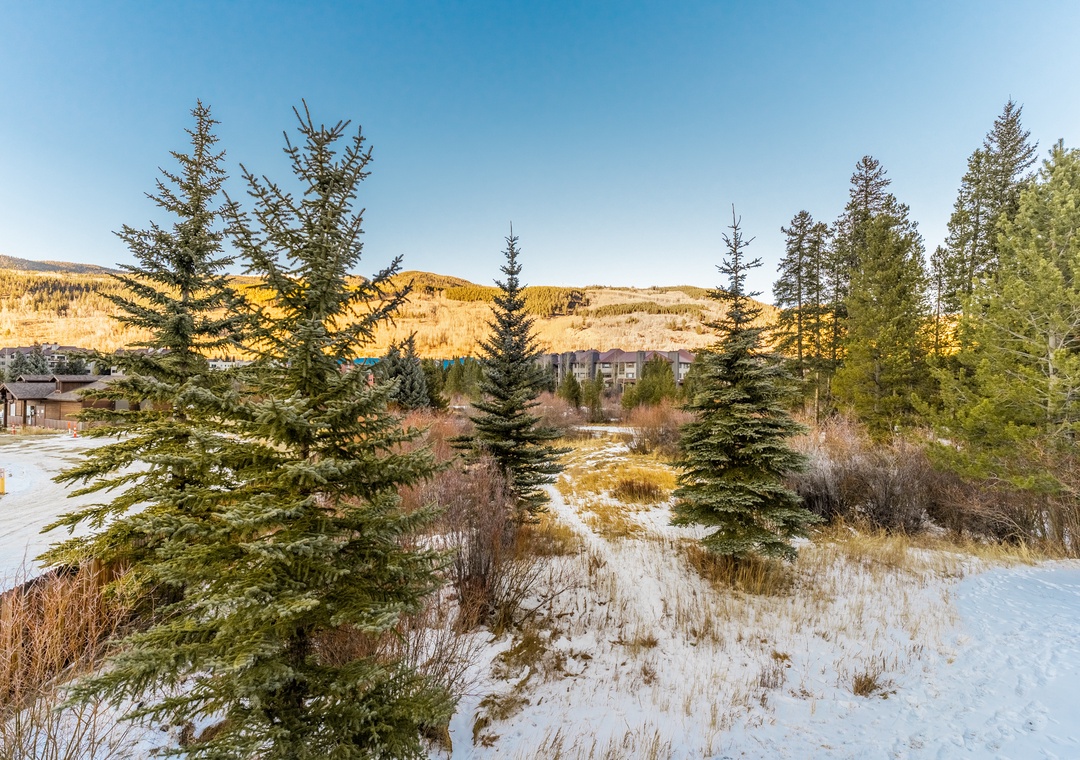 Mountain views and evergreen forests surround this scenic location, with golden hillsides creating a stunning natural backdrop.