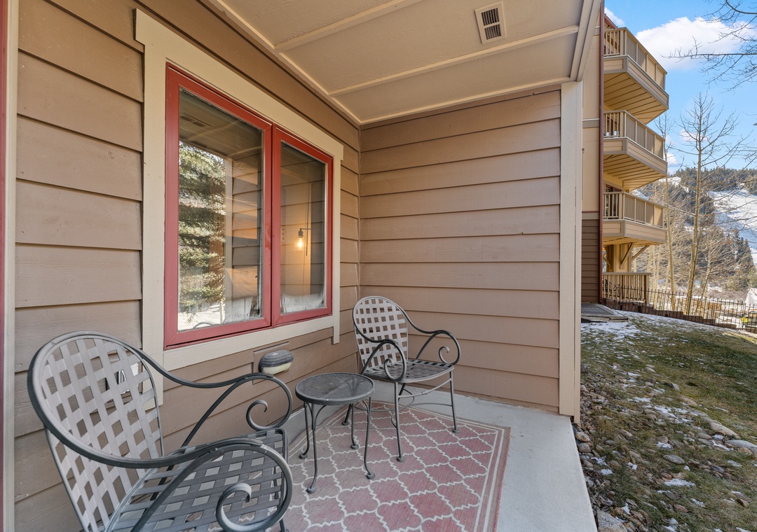 Relax on your private patio with mountain views, complete with outdoor seating for morning coffee or evening unwinding.