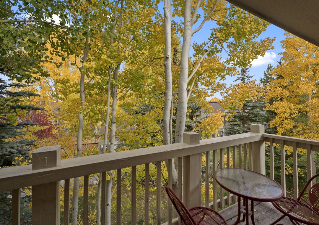 Step onto your private balcony and soak in breathtaking autumn views of golden aspens creating nature's perfect canopy around you.