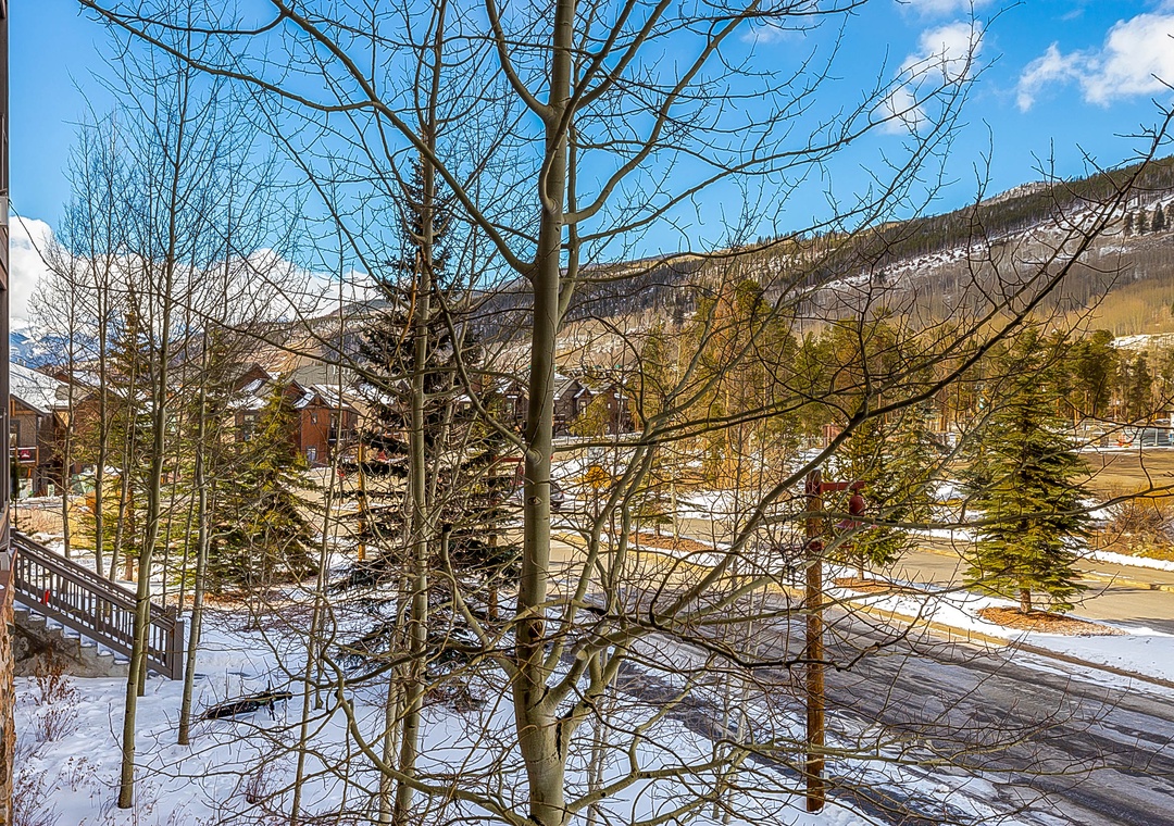 Mountain views frame this winter wonderland setting with snow-covered peaks and alpine village charm visible from the property.