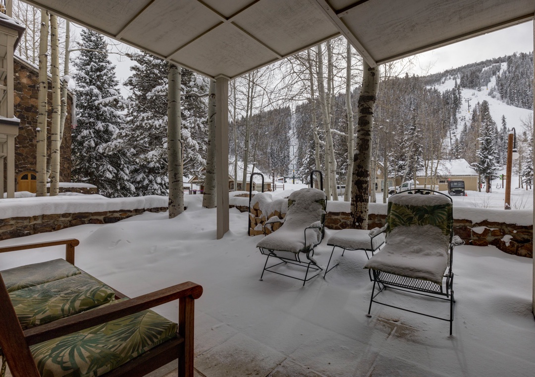 Relax on your private covered patio while snow blankets the mountains. This peaceful outdoor retreat offers stunning alpine views year-round.