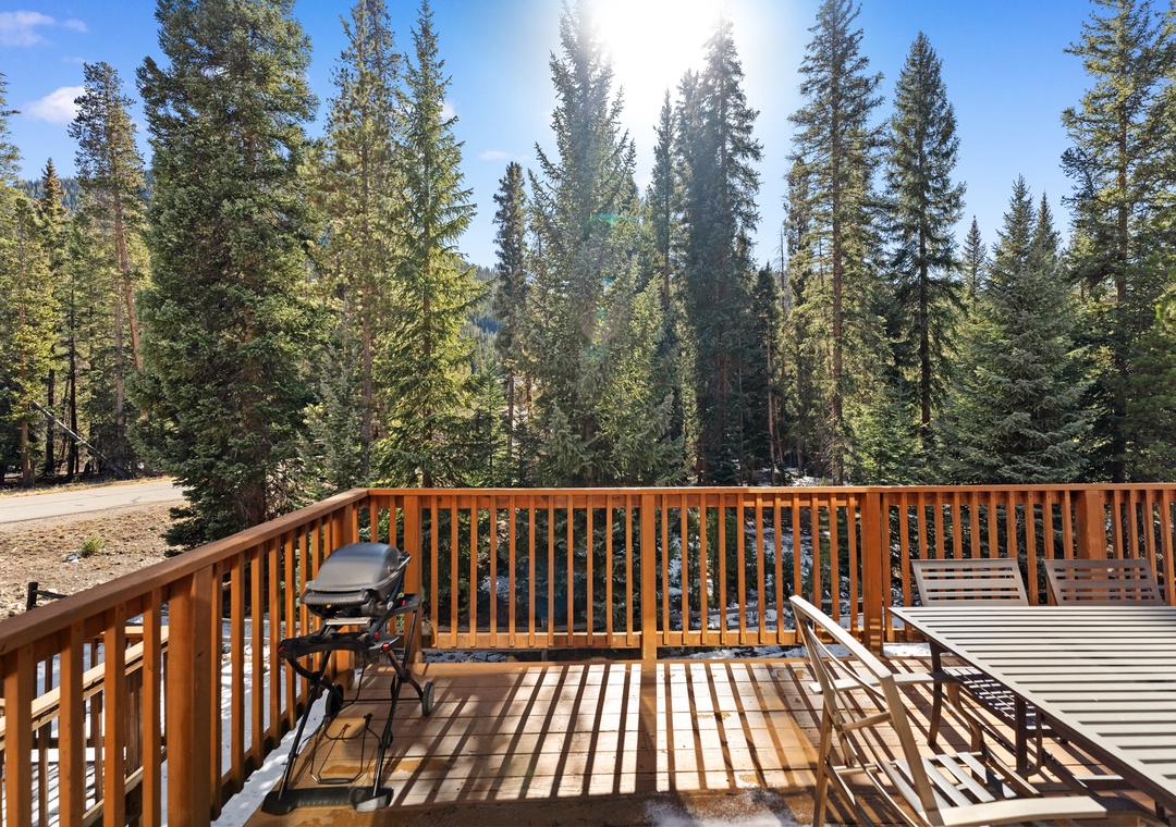 Your private deck offers peaceful forest views and mountain air, perfect for morning coffee or evening barbecues under towering pines.