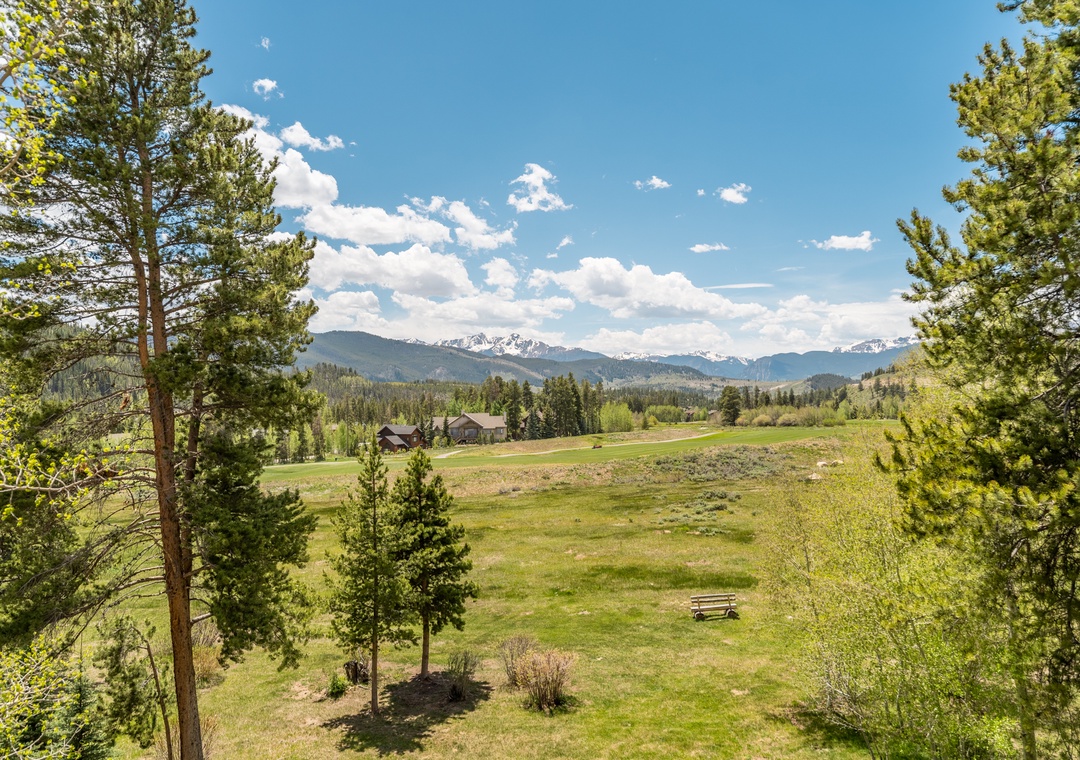 Expansive valley meadows stretch toward snow-capped mountain peaks, framed by towering evergreens under brilliant blue skies.