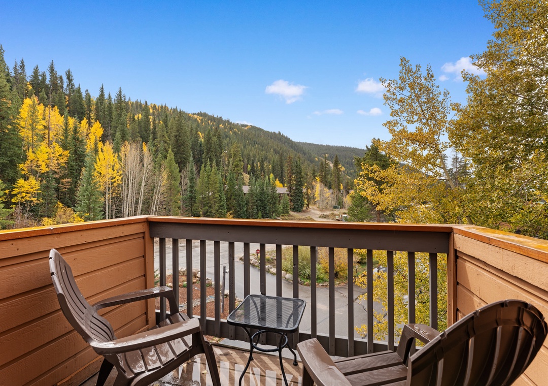 Step onto your private balcony and breathe in the crisp mountain air as brilliant autumn foliage frames your stunning forest views—the perfect spot for your morning coffee or evening wine.