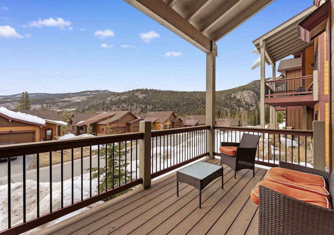 Your private deck offers stunning mountain views with comfortable seating to enjoy morning coffee or evening sunsets amid alpine beauty.