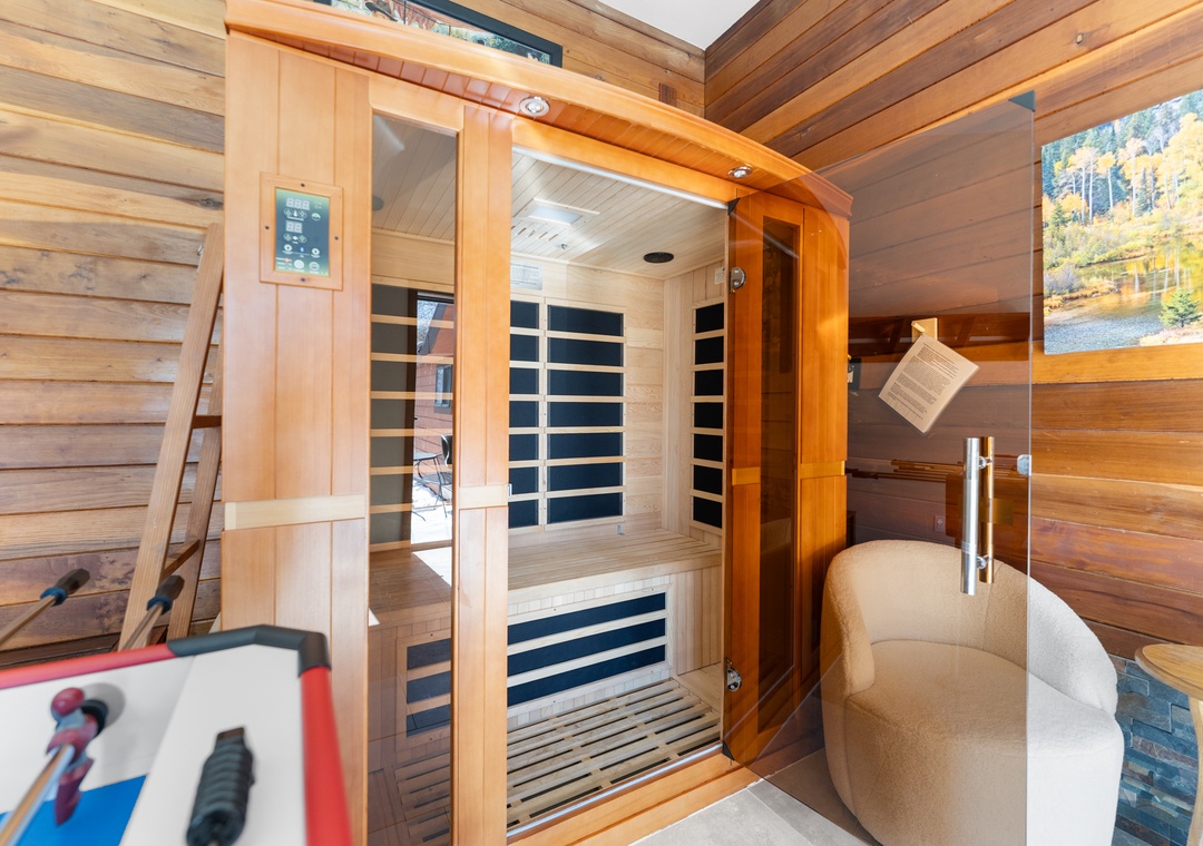 Unwind in your private infrared sauna with stunning mountain views—the perfect way to relax after a day of adventure.