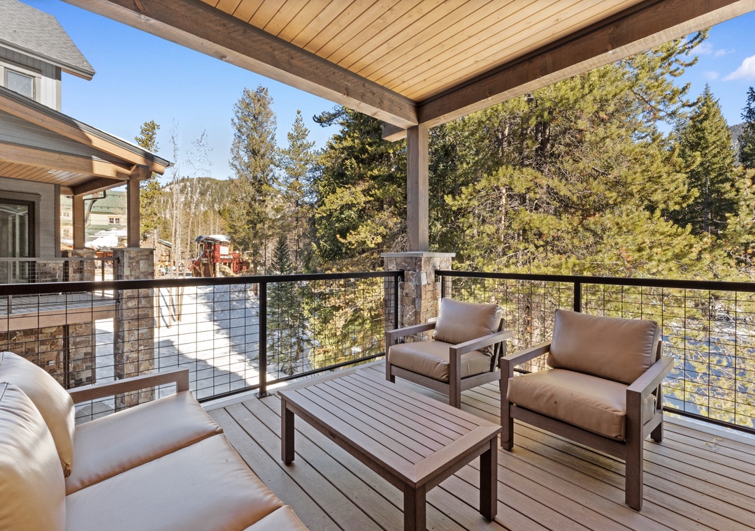 Unwind on your private deck with mountain views, comfortable seating, and fresh alpine air surrounding you.