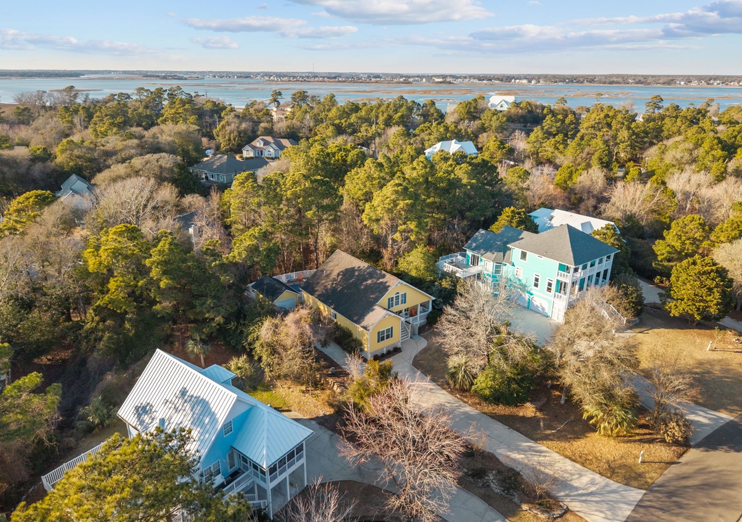 Aerial view of a peaceful coastal neighborhood with charming homes nestled among mature trees near waterfront areas.