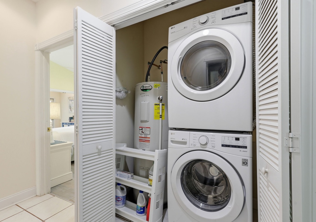 Your stay includes access to convenient laundry facilities with a stacked washer and dryer, plus handy storage for supplies. Fresh linens and towels are always within reach.