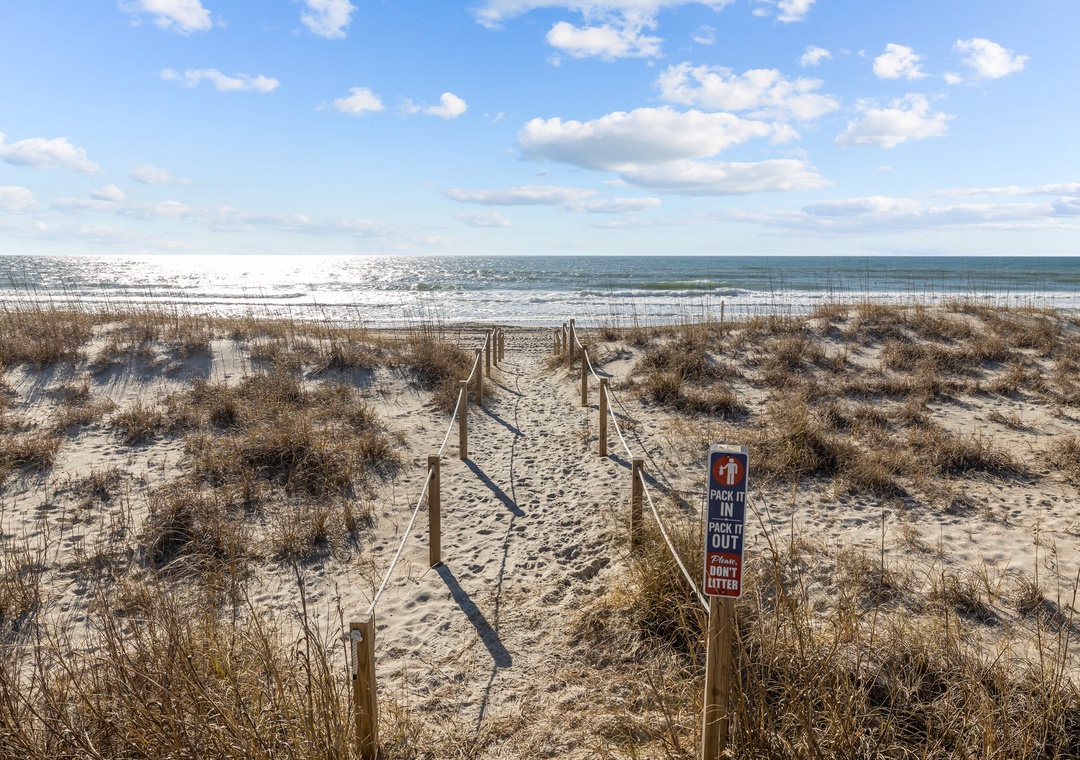 A pristine beach access trail leads through protected dunes to sparkling ocean waves under blue skies.