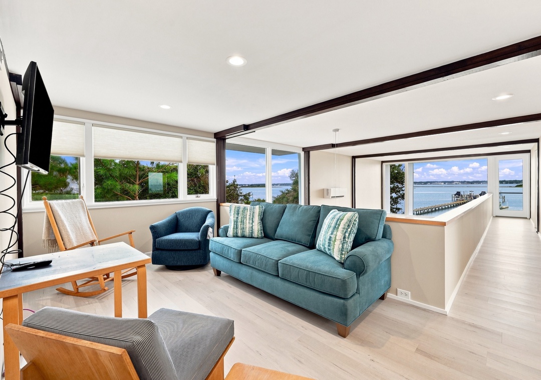 Bogue House | Upper-Level Living Area and Sound View