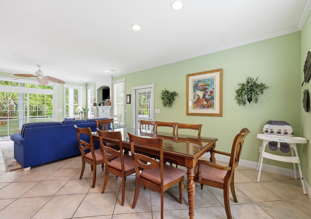 Gather around this spacious dining table where your group can share meals and make memories. The bright, airy space flows naturally into the cozy living area, creating the perfect setting for relaxing together.