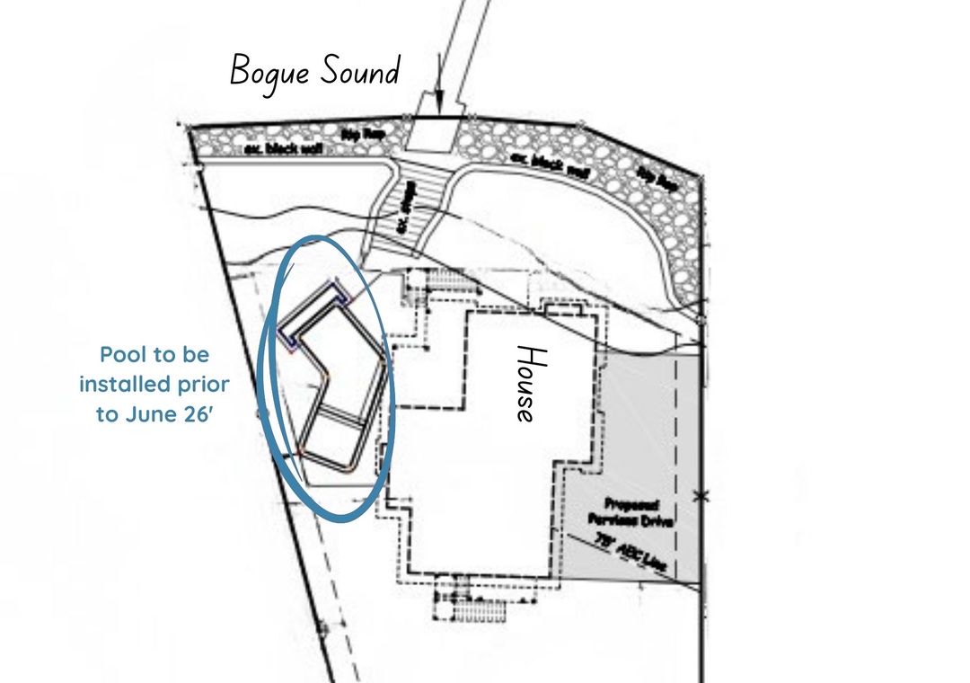 Property floor plan showing the layout and future pool installation area.