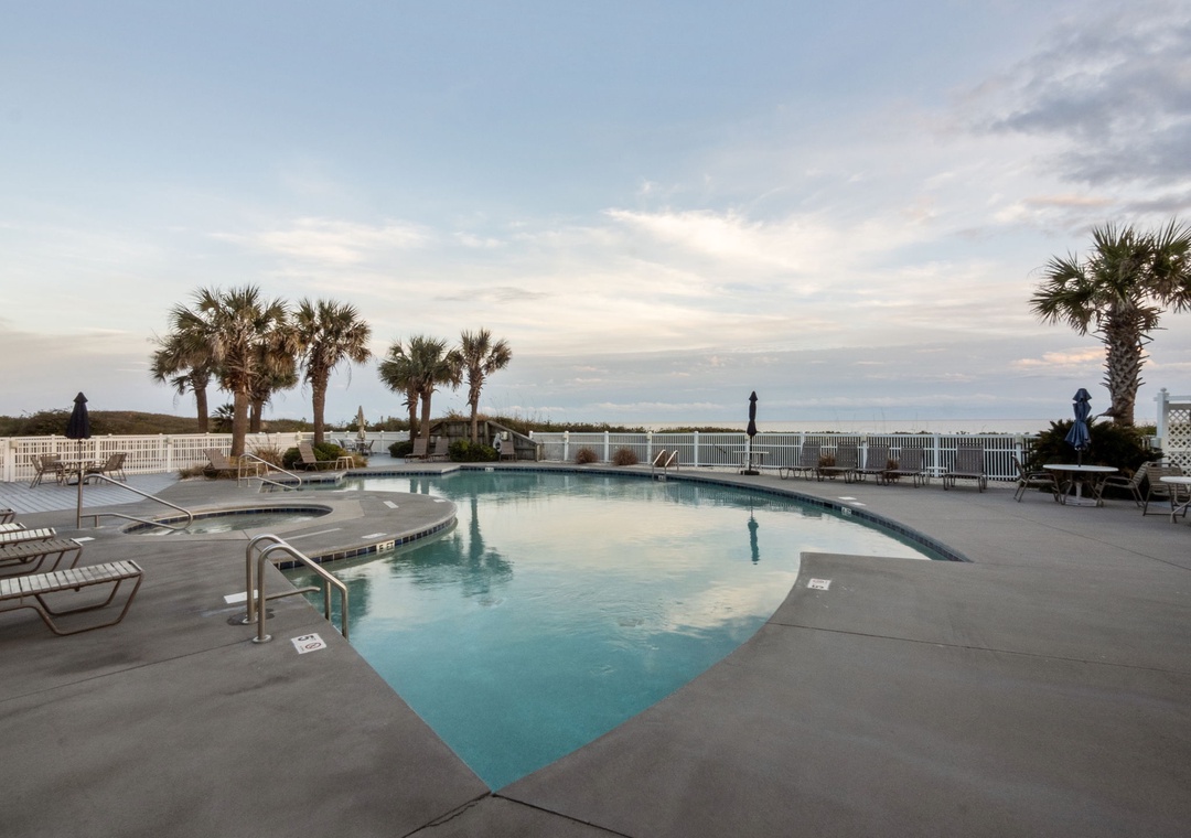 Beachfront pool area featuring crystal-clear waters, tropical palm trees, and coastal views perfect for relaxation.