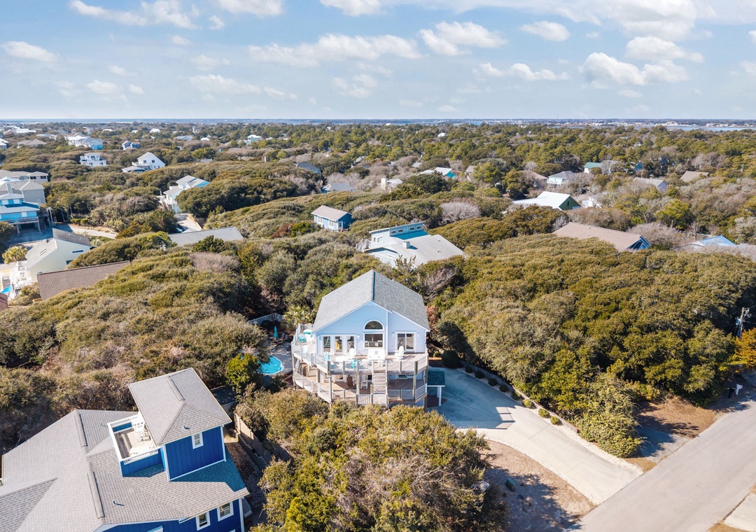 Aerial view of coastal vacation homes nestled among native vegetation in a peaceful residential community.